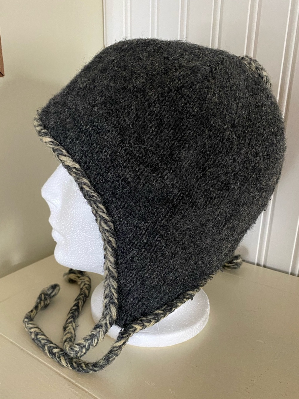 🧶Handcrafted Dark Gray Earflap Hat with Braided Ties